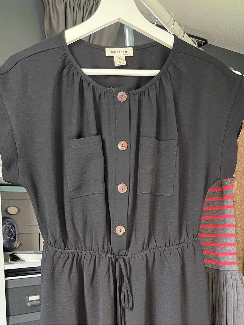 Monteau Black Short-Sleeve Button Front Drawstring Mini Dress